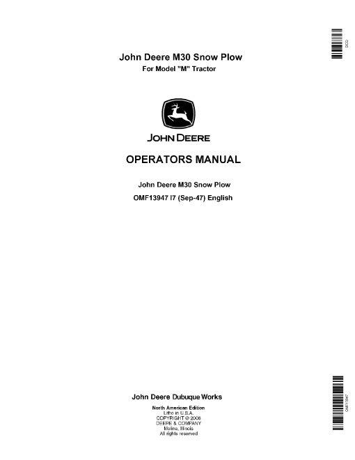 John Deere M30 Snow Plow OMF13947 Operators and Maintenance Manual PDF Download