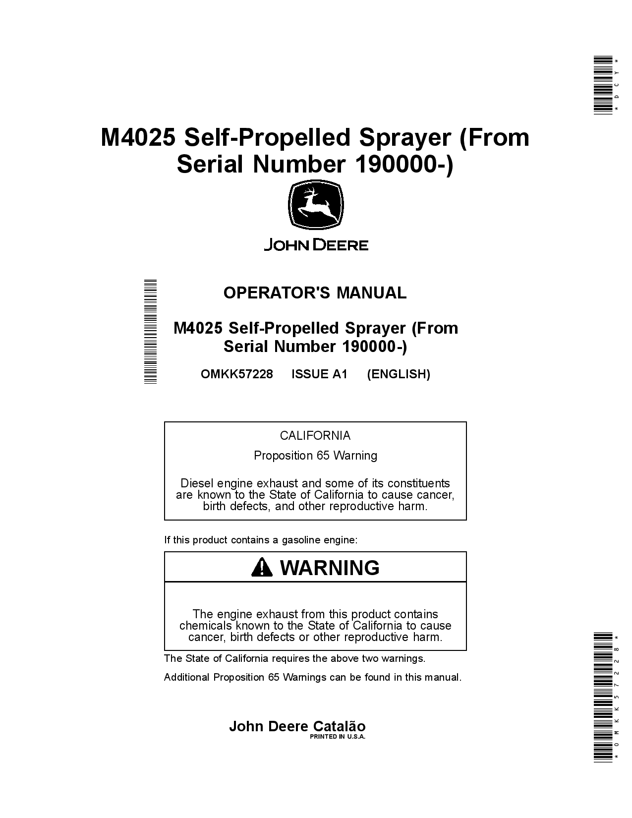 John Deere M4025 Self-Propelled Smyi(190000-) OMKK57228 Operators and Maintenance Manual PDF Download