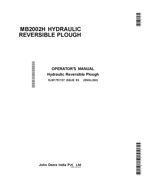 John Deere M82002H Hydraulic Reversible Plough 5LM1751157 Operators and Maintenance Manual PDF Download