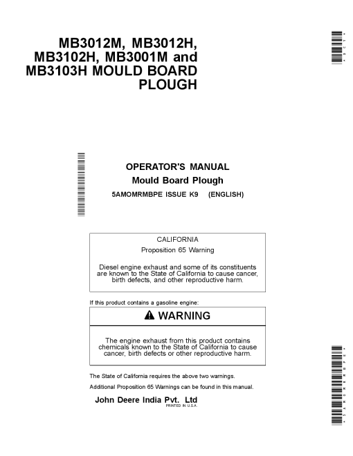 John Deere MB3012M, MB3012H, MB3102H, MB3001M and MB3103H Mould Board Plough 5AMOMRMBPE Operators and Maintenance Manual PDF Download