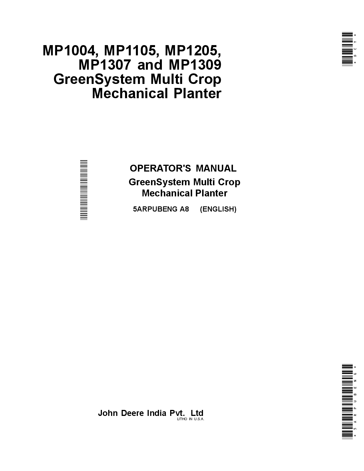 John Deere MP1004, MP1105, MP1205, MP1307 and MP1309 GreenSystem Multi Crop Mechanical Planter 5ARPUBENG Operators and Maintenance Manual PDF Download