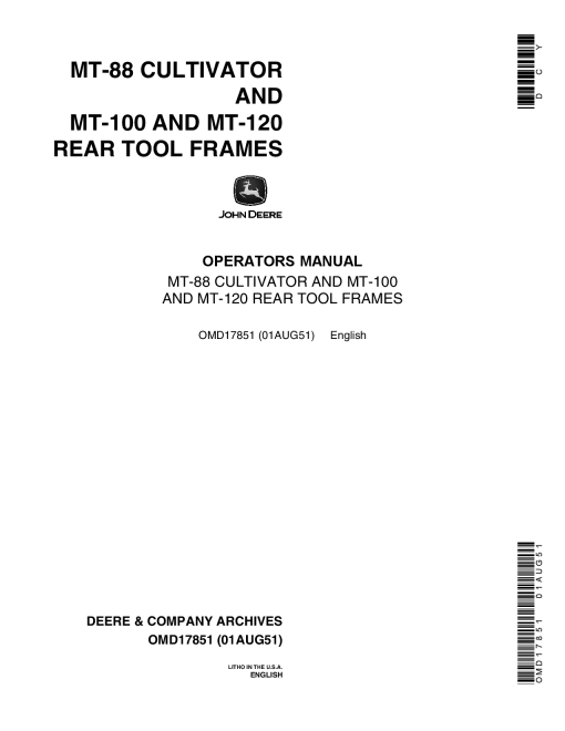 John Deere MT88 Cultivator, MT100, MT120 Rear Tool Frames OMD17851 Operators and Maintenance Manual PDF Download