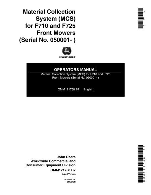 John Deere Material Collection System (MCS) For F710, 1725 Front Mowers (050001-) OMM121758 Operators and Maintenance Manual PDF Download