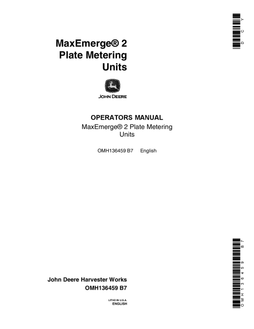 John Deere MaxEmerge 2 Plate Metering Units (7200, 7240, 7300, 7340) OMH136459 Operators and Maintenance Manual PDF Download