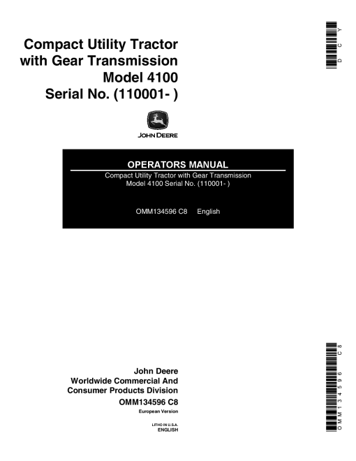 John Deere Model 4100 Compact Utility Tractor with Gear Transmission (110001-) OMM134596 Operators and Maintenance Manual PDF Download