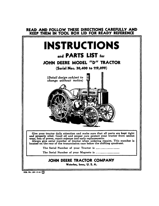 John Deere Model D Tractor (030400-) DIR108 Operators and Maintenance Manual PDF Download