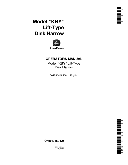 John Deere Model KBY Lift Type Disk Harrow OMB40459 Operators and Maintenance Manual PDF Download