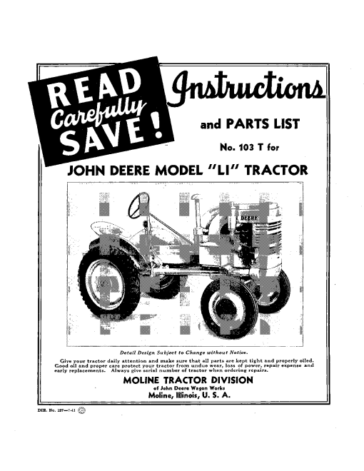 John Deere Model 'LI' Tractor DIR127A Operators and Maintenance Manual PDF Download