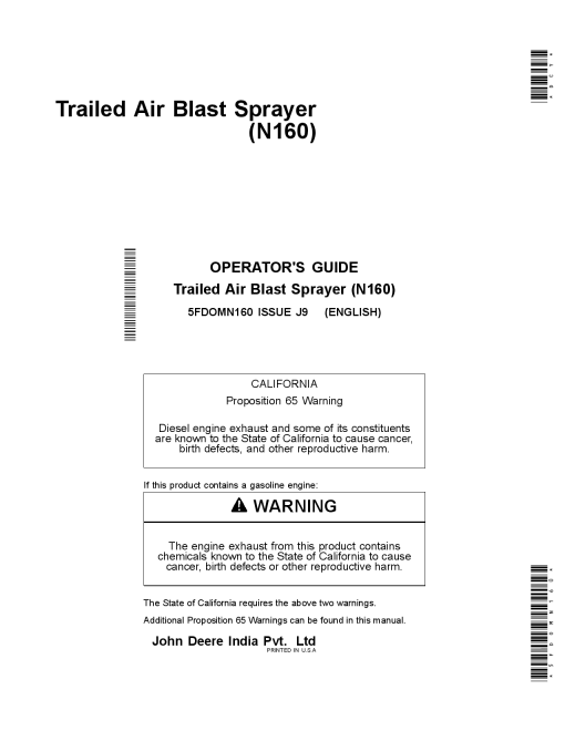 John Deere N160 Trailed Air Blast Sprayer 5FDOMN160 Operators and Maintenance Manual PDF Download