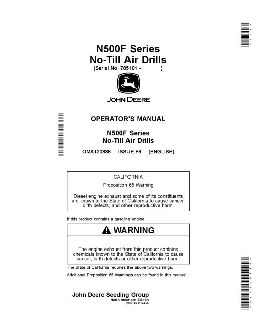John Deere N530F, N540F and N543F No-Till Air Drills OMA120886 Operators and Maintenance Manual PDF Download