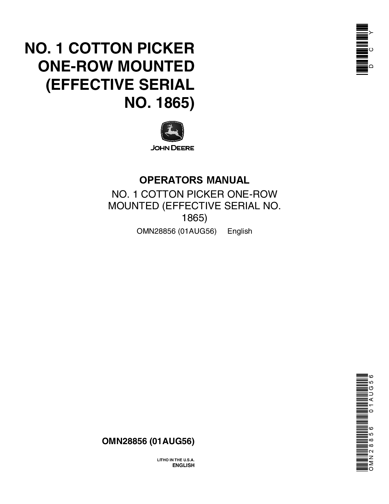 John Deere No. 1 Cotton Picker One-Row Mounted OMN28856 Operators and Maintenance Manual PDF Download