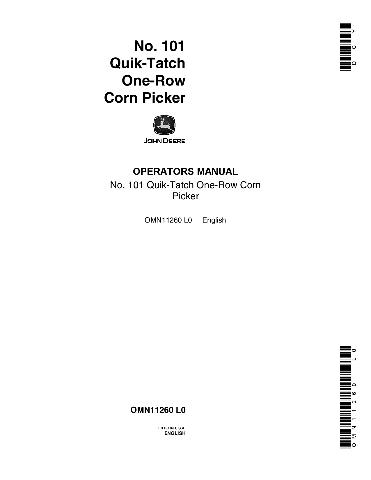 John Deere No. 101 Quik-Tatch One Row Corn Picker OMN11260 Operators and Maintenance Manual PDF Download