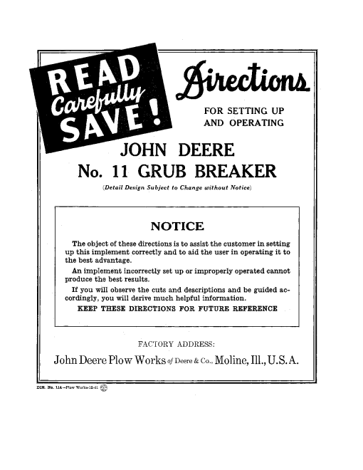 John Deere No. 11 Grub Breaker DIR114 Operators and Maintenance Manual PDF Download