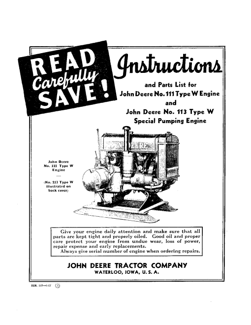 John Deere No. 111 Type W Engine, No.113 Type W Special Pumping Engine DIR117 Operators and Maintenance Manual PDF Download
