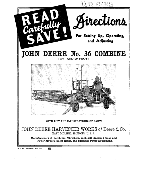 John Deere No. 36 Combine DIR192A Operators and Maintenance Manual PDF Download