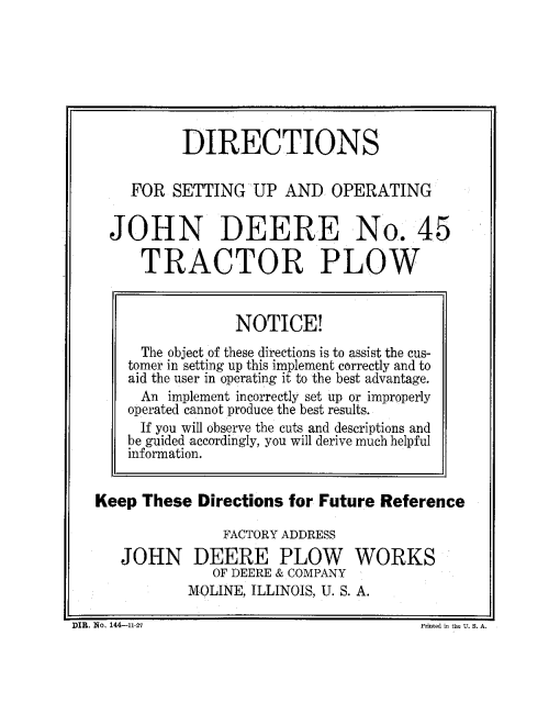 John Deere No. 45 Tractor Plow DIR144 Operators and Maintenance Manual PDF Download