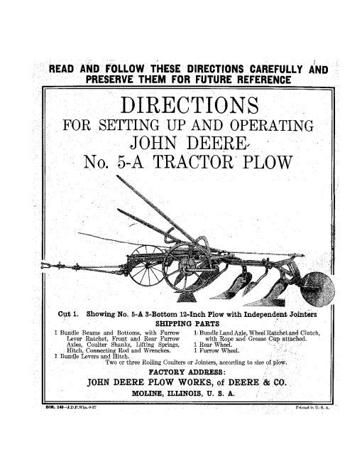 John Deere No. 5-A Tractor Plow DIR140 Operators and Maintenance Manual PDF Download