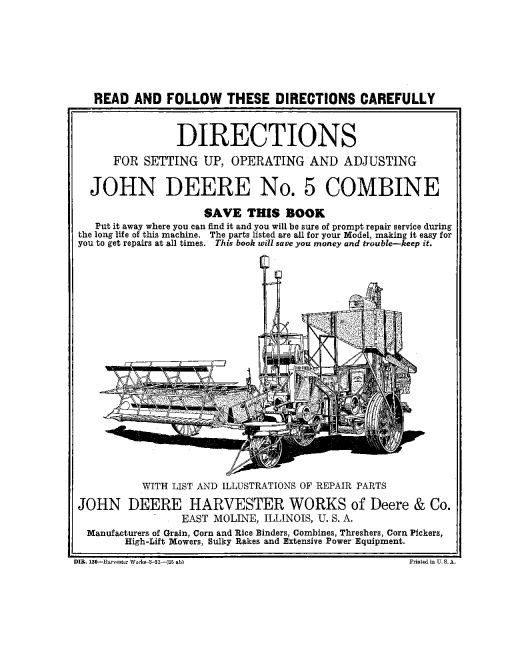 John Deere No. 5 Combine DIR136 Operators and Maintenance Manual PDF Download