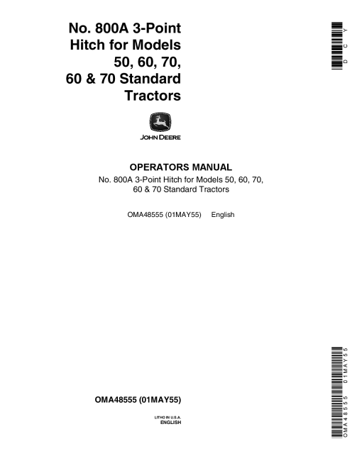 John Deere No. 800A Three-Point Hitch OMA48555 Operators and Maintenance Manual PDF Download