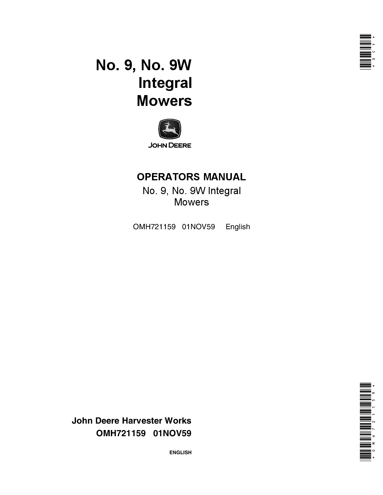 John Deere No. 9, No. 9W Integral Mowers OMH721159 Operators and Maintenance Manual PDF Download