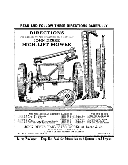 John Deere No.1 & 2 High Lift Mowers DIR56A Operators and Maintenance Manual PDF Download