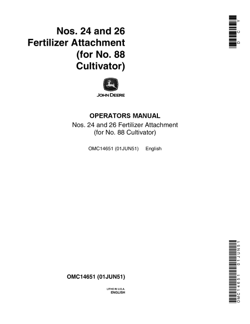 John Deere Nos. 24, 26 Fertilizer Attachment for 88 Cultivator OMD14651 Operators and Maintenance Manual PDF Download