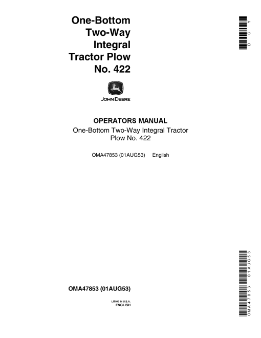 John Deere One Bottom Two-Way Integral Tractor Plow N.4222 OMA47853 Operators and Maintenance Manual PDF Download