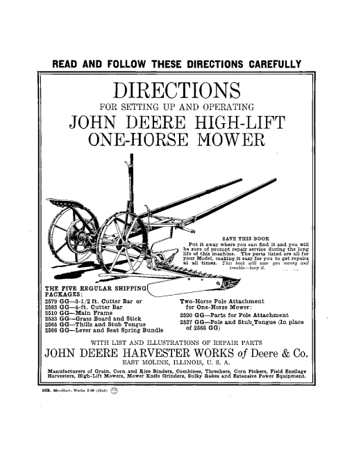 John Deere One Horse High-Lift Mower DIR80A Operators and Maintenance Manual PDF Download