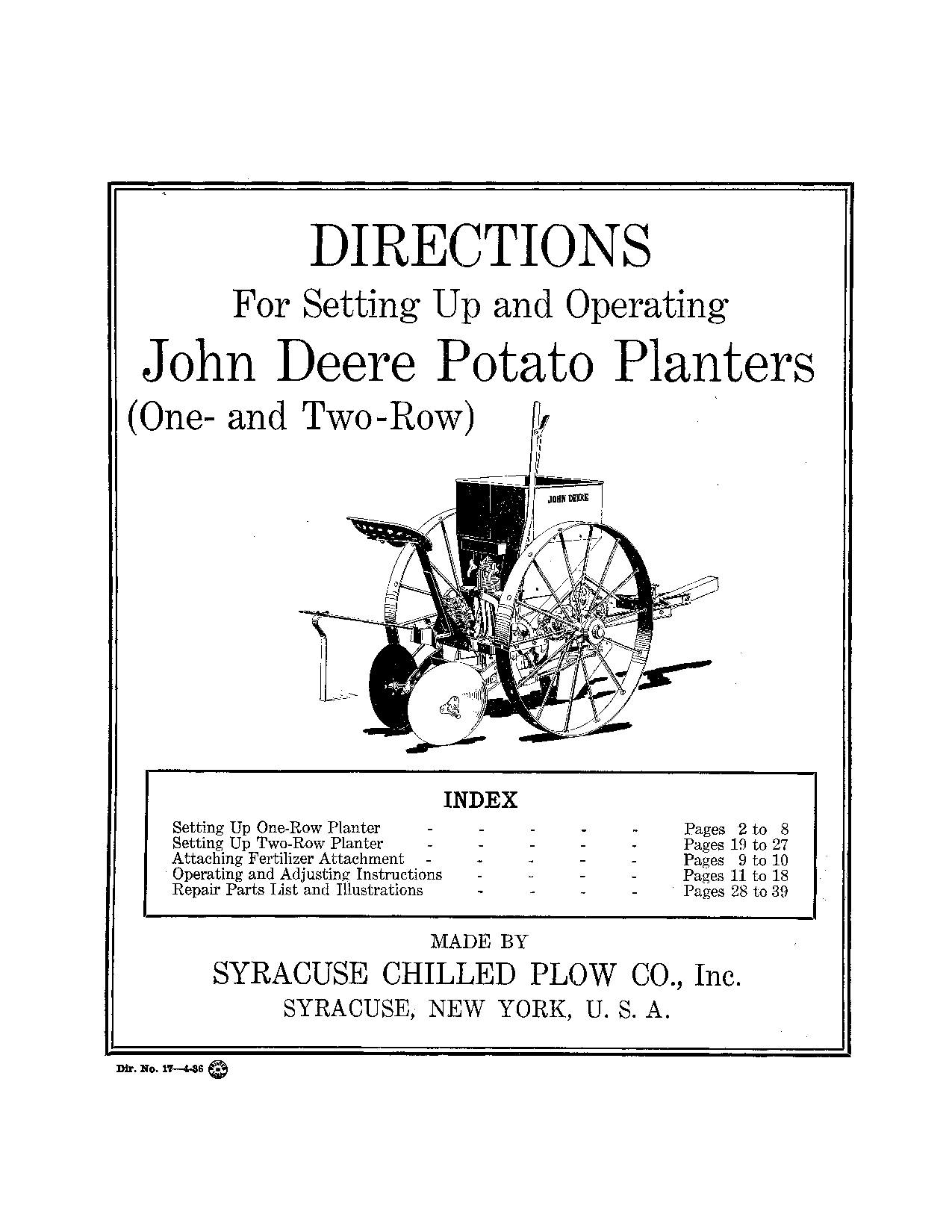 John Deere One- or Two-Row Potato Planters (Horse or Tractor Hitches) DIR17C Operators and Maintenance Manual PDF Download