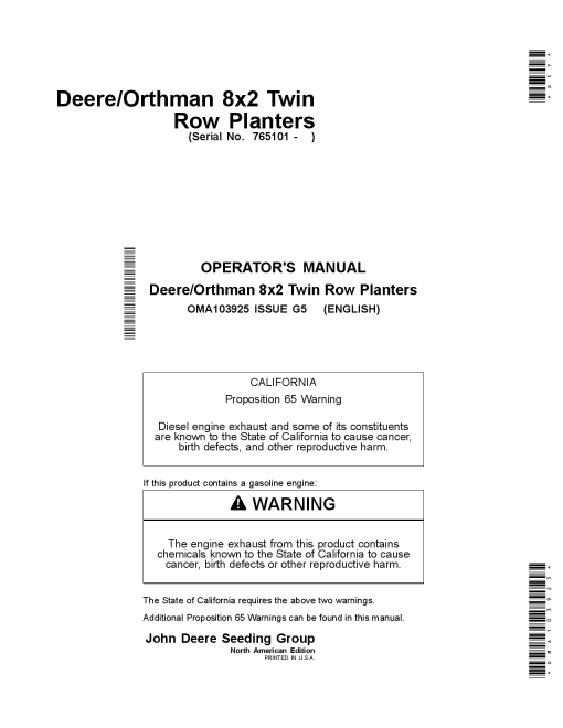 John Deere Orthman 8x2 Twin Row PlantersWorldwide Edition (765101-) OMA103925 Operators and Maintenance Manual PDF Download
