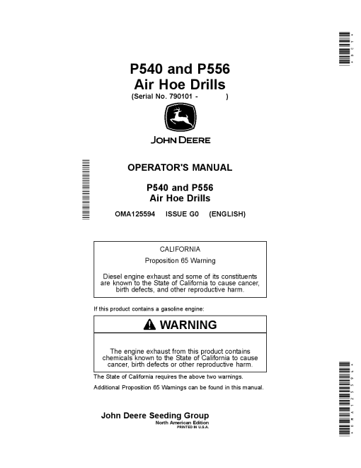 John Deere P540 and P556 Air Hoe Drills (790101-) OMA125594 Operators and Maintenance Manual PDF Download