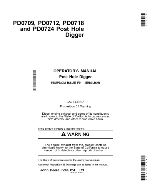 John Deere PD0709, PD0712, PD0718 and PD0724 Post Hole Digger 5BUPDOM Operators and Maintenance Manual PDF Download