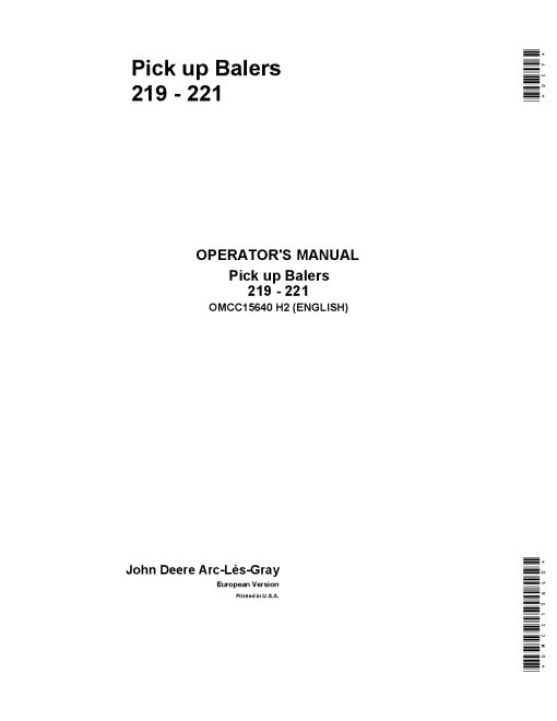 John Deere Pick up Balers 219 - 221 OMCC15640 Operators and Maintenance Manual PDF Download