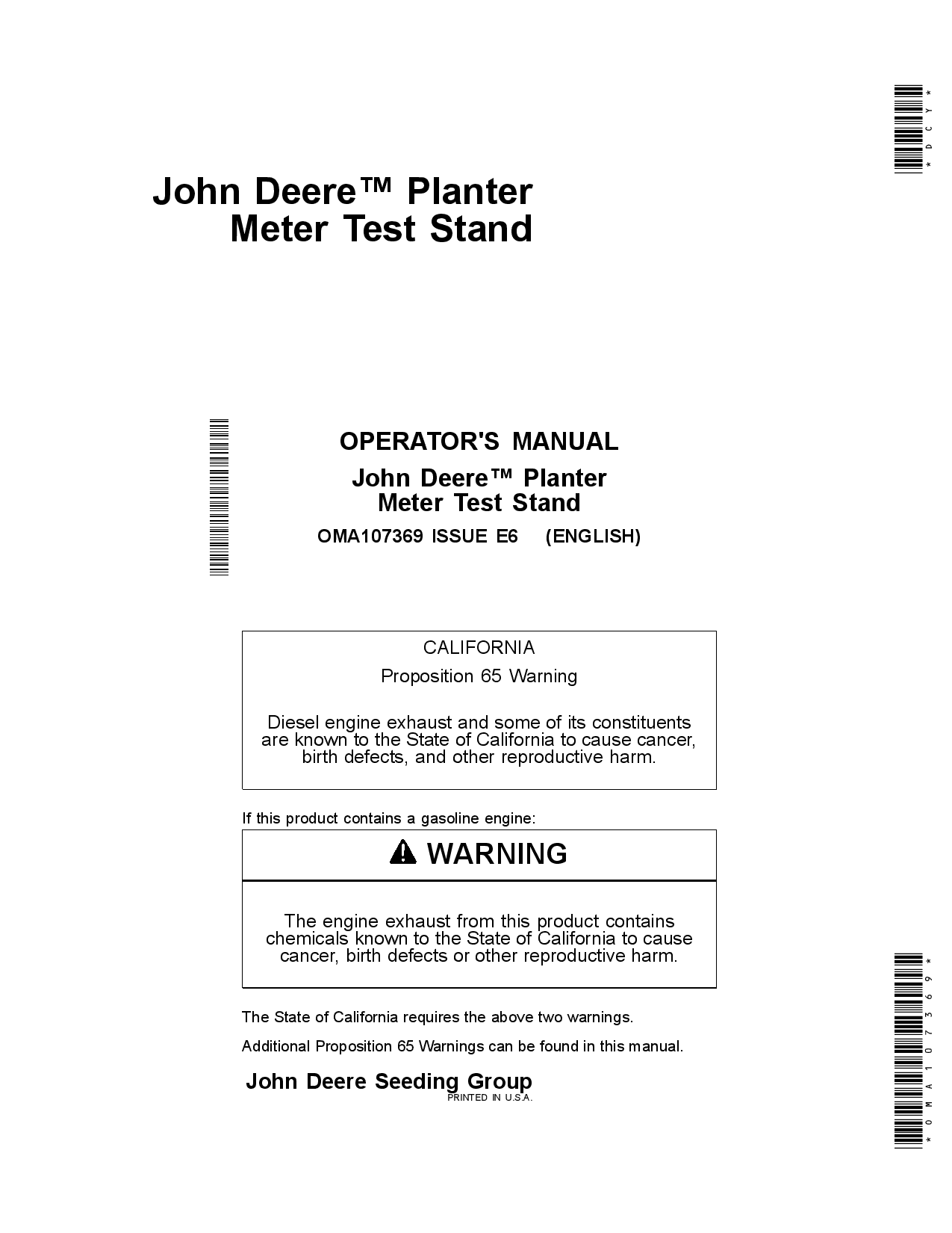 John Deere Planter Meter Test Stand (North American Edition) OMA107369 Operators and Maintenance Manual PDF Download