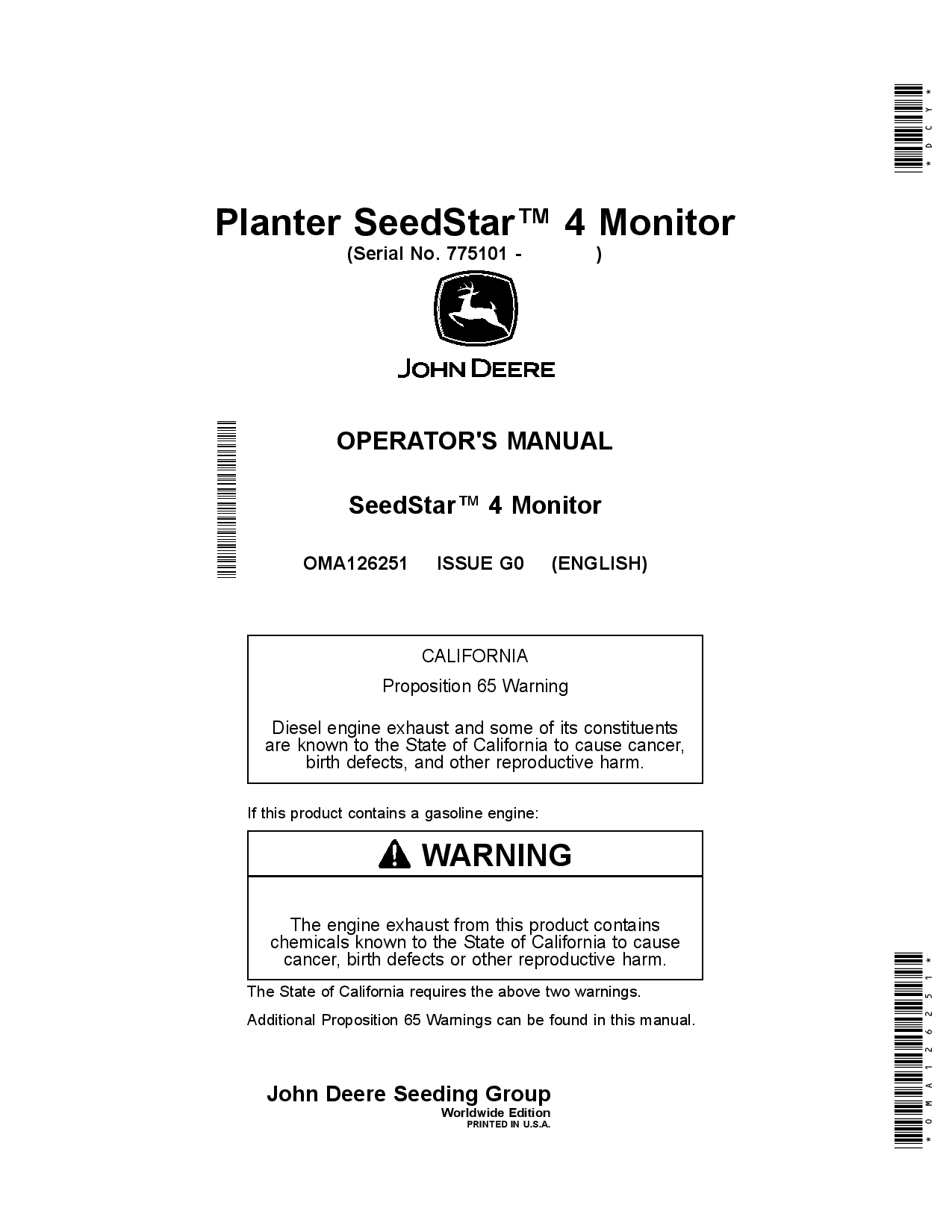 John Deere Planter SeedStarm 4 Monitor (775101-) OMA126251 Operators and Maintenance Manual PDF Download