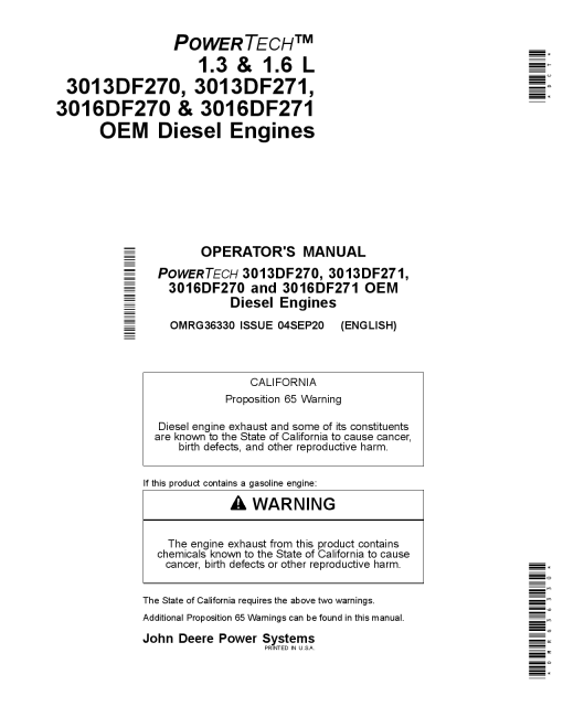 John Deere PowerTech 1.3 (3013DF270,3013DF271) &1.6L (3016DF271, 3016DF270) OEM Engines OMRG36330 Operators and Maintenance Manual PDF Download