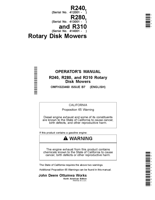 John Deere R240, R280 & R310 Rotary Disk Mowers OMFH323460 Operators and Maintenance Manual PDF Download