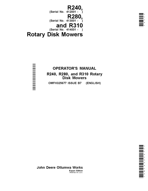 John Deere R240,R280 & R310 Rotary Disk Mowers OMFH325677 Operators and Maintenance Manual PDF Download