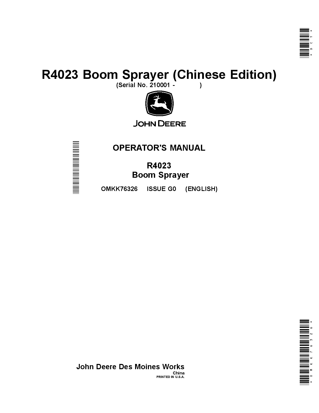 John Deere R4023 Boom Sprayer (210001-) OMKK76326 Operators and Maintenance Manual PDF Download