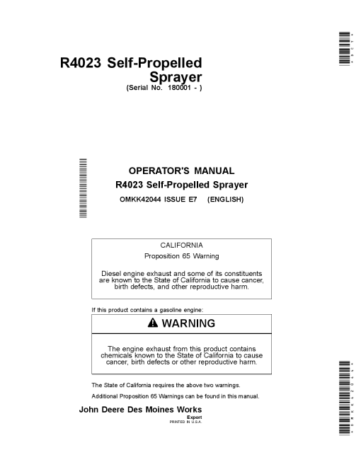 John Deere R4023 Self-Propelled Sprayer OMKK42044 Operators and Maintenance Manual PDF Download