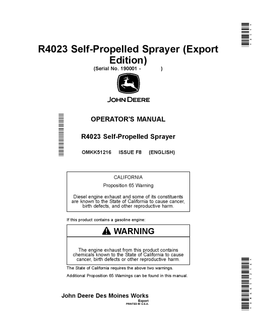 John Deere R4023 Self-Propelled Sprayer OMKK51216 Operators and Maintenance Manual PDF Download