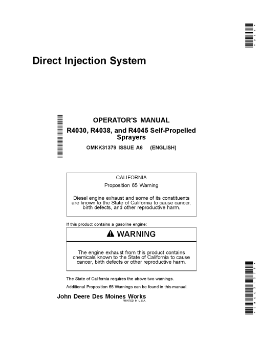 John Deere R4030, R4038 & 4045 Self-Propelled Sprayers Direct Injection SystemNorth American Edition OMKK31379 Operators and Maintenance Manual PDF Download