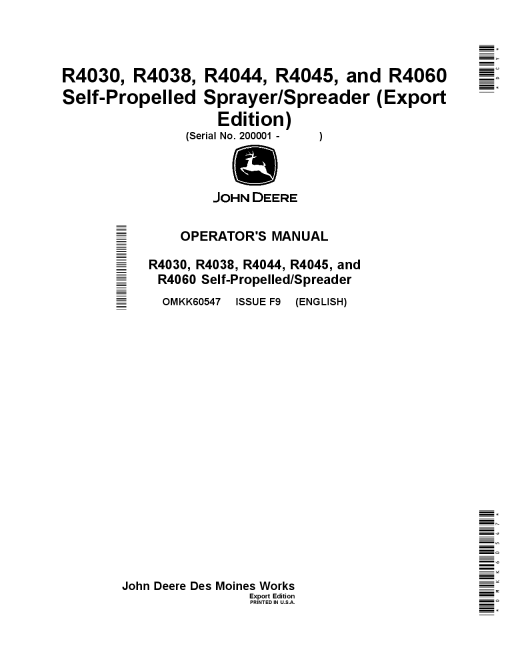 John Deere R4030, R4038, R4044, R4045, and R4060 Self- Propelled SprayerSpreader OMKK60547 Operators and Maintenance Manual PDF Download