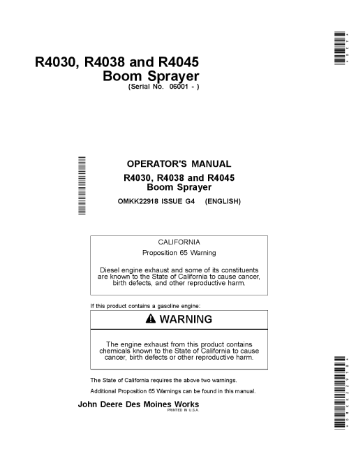 John Deere R4030, R4038 & R4045 Boom Sprayer Export Edition (006001-011100) OMKK22918 Operators and Maintenance Manual PDF Download