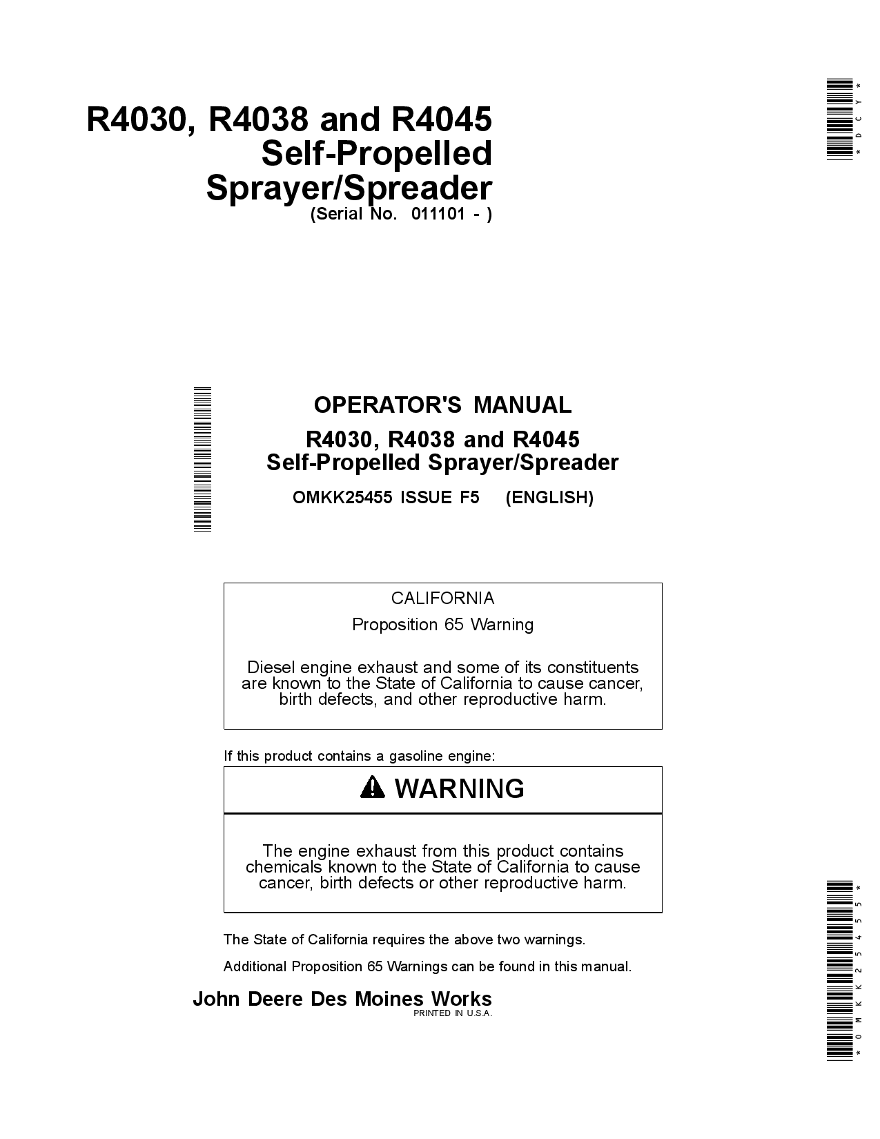 John Deere R4030, R4038 & R4045 Self-Propelled Sprayer Spreader (Export Edition) OMKK25455 Operators and Maintenance Manual PDF Download