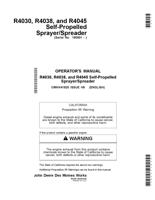 John Deere R4030, R4038 & R4045 Self-Propelled Sprayer Spreaders OMKK41820 Operators and Maintenance Manual PDF Download