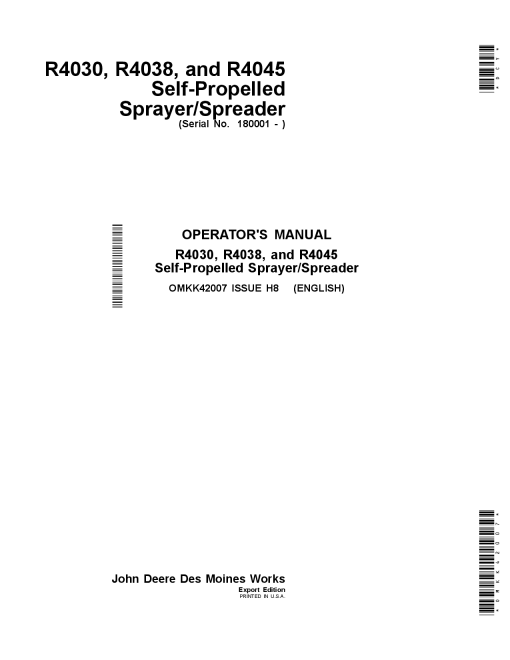 John Deere R4030, R4038 & R4045 Self-Propelled Sprayer Spreaders OMKK42007 Operators and Maintenance Manual PDF Download