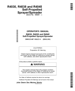 John Deere R4030 & R4038 Self-Propelled Sprayer Spreader Export Edition (006001-011100) OMKK21487 Operators and Maintenance Manual PDF Download