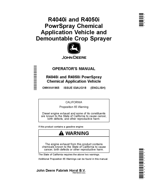 John Deere R4040i & R4050i PowrSpray Chemical Application Vehicle & Demountable Crop Sprayers OMKK41965 Operators and Maintenance Manual PDF Download
