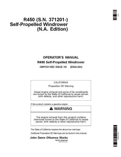 John Deere R450 Sef-Propelled Windrower OMFH311693 Operators and Maintenance Manual PDF Download